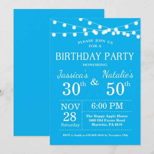 Adult Joint Birthday Party Invitation Blue Kaart (Voorkant / Achterkant)