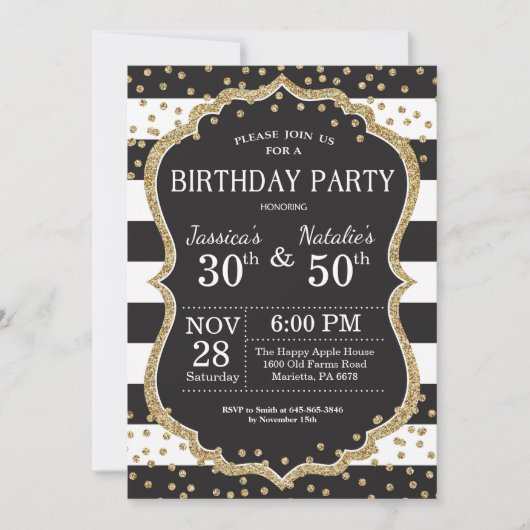 Adult Joint Birthday Party Invitation Gold Glitter Kaart (Voorkant)