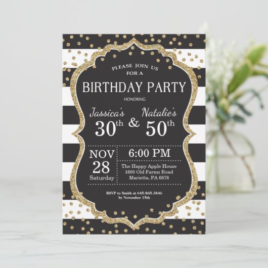 Adult Joint Birthday Party Invitation Gold Glitter Kaart (Staand voorkant)