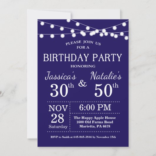 Adult Joint Birthday Party Invitation Navy Blue Kaart (Voorkant)
