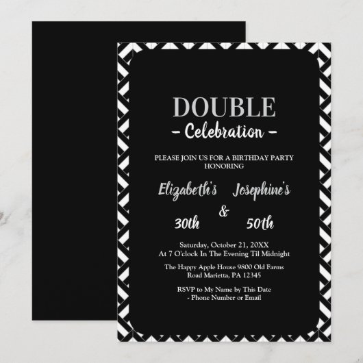 Adult Joint Double Birthday Party zwart wit Kaart (Voorkant / Achterkant)
