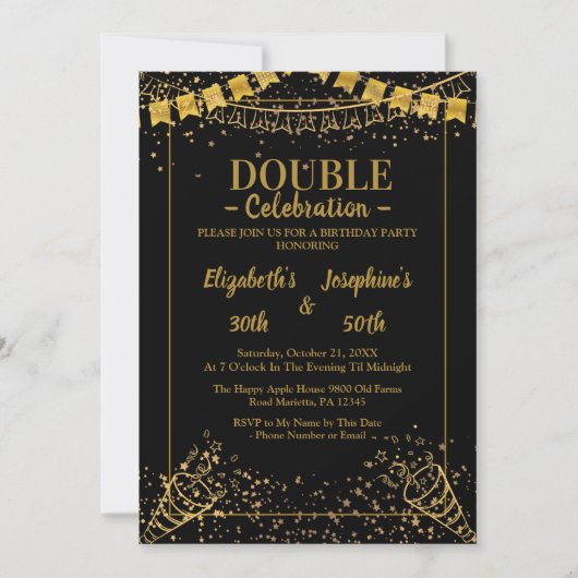 Adult Joint Dubbele Verjaardag Partij | Zwart goud Kaart (Voorkant)