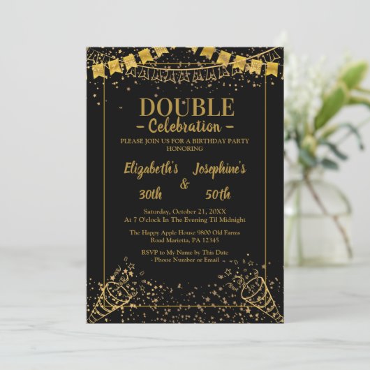 Adult Joint Dubbele Verjaardag Partij | Zwart goud Kaart (Staand voorkant)
