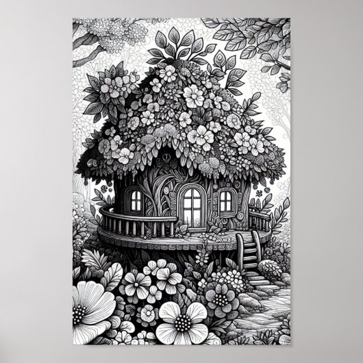 Adult Kleuring Bloemen Fairy House Poster (Voorkant)