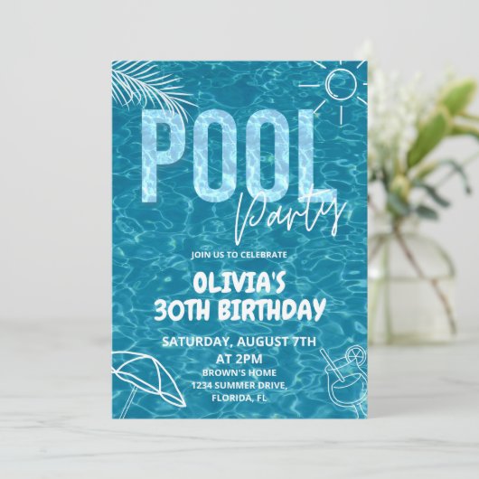 Adult Pool Party uitnodiging Volwassen Zomer Verja (Staand voorkant)