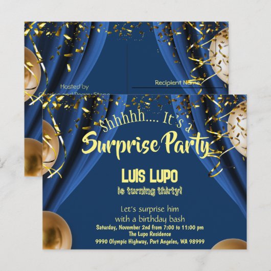 Adult Surprise Birthday Invitation Briefkaart Blau (Voorkant / Achterkant)