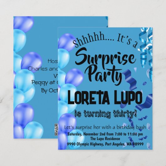 Adult Surprise Verjaardagsuitnodiging Kaart Blauw (Voorkant / Achterkant)