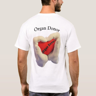 Adult woman and men hand hold a red heart, health t-shirt