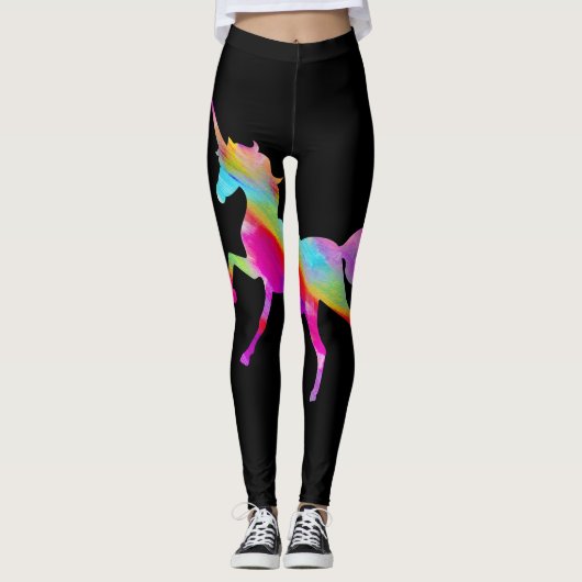 Adult Woman's Gold Glitter Rainbow Unicorn - Black Leggings (Voorkant)