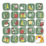 Advent Countdown 25 Christmas Doodle Style Sticker<br><div class="desc">Maak je klaar voor het vakantieseizoen met een set van 25 genummerde stickers (1-25) die zijn ontworpen om je eigen doe-het-zelf adventskalender of kersttelproject echt speciaal te maken. Elk stuk komt in een speelse vierkante doodle vorm, met een levendige groene achtergrond met gedurfde feestelijke nummers. De design zijn gekoppeld aan...</div>