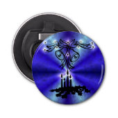 Advent, kerstartik op blauwe groene regenboog button flesopener (Voorkant)