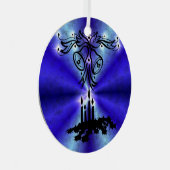 Advent, kerstartik op blauwe groene regenboog metalen ornament (Voorkant Rechts)