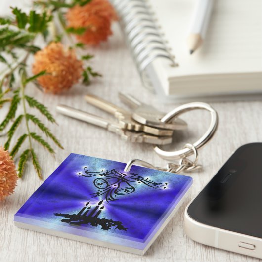 Advent, kerstartik op blauwe groene regenboog sleutelhanger (Voorkant Rechts)