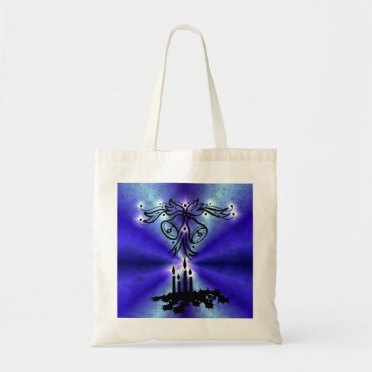 Advent, kerstboomschildering op blauwe groene rege tote bag (Voorkant)