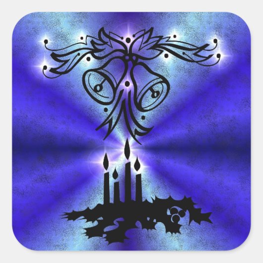 Advent, kerstboomschildering op blauwe groene rege vierkante sticker (Voorkant)