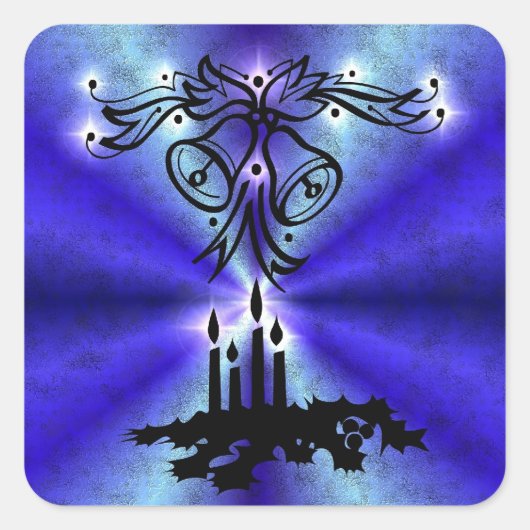 Advent, kerstboomschildering op blauwe groene rege vierkante sticker (Voorkant)