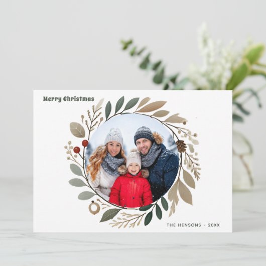 Advent krans gebladerte Vrolijk Kerstmis Familie F Feestdagenkaart (Staand voorkant)