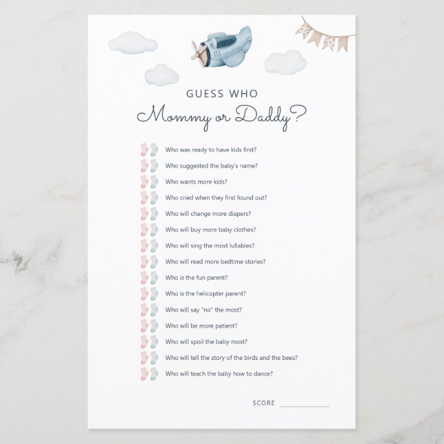 Adventure Airplane Baby shower Guess Who spel (Voorkant)