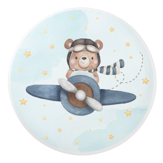 Adventure Aviation Schattige Beer Blue Plane Keramische Knop (Voorkant)