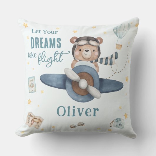 Adventure Aviation Schattige Beer Blue Plane Kussen (Voorkant)