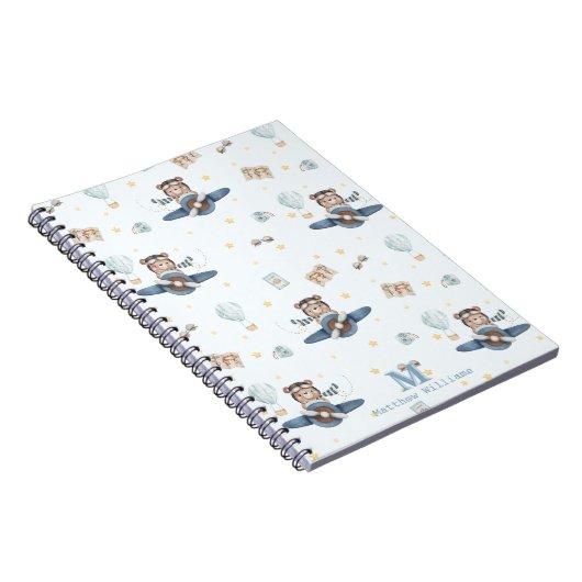 Adventure Aviation Schattige Beer Blue Plane Monog Notitieboek (Rechterzijde)