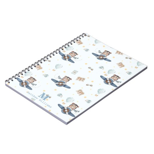 Adventure Aviation Schattige Beer Blue Plane Monog Notitieboek (Linkerzijde)