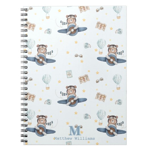 Adventure Aviation Schattige Beer Blue Plane Monog Notitieboek (Voorkant)