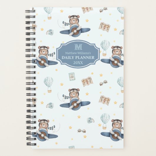 Adventure Aviation Schattige Beer Blue Plane Monog Planner (Voorkant)