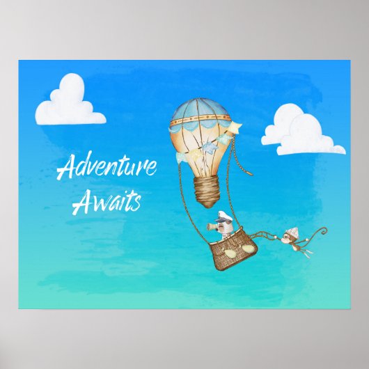 Adventure Await Hot Air Balloon Monkey Poster (Voorkant)