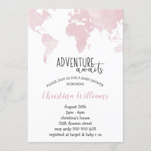 Adventure Await Pink Wereldkaart Girl Baby shower Kaart