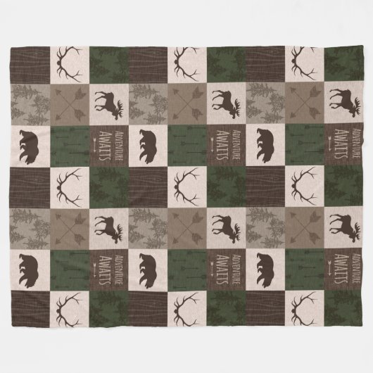 Adventure Await woodland Patchwork - groen/bruin Fleece Deken (Voorkant (Horizontaal))