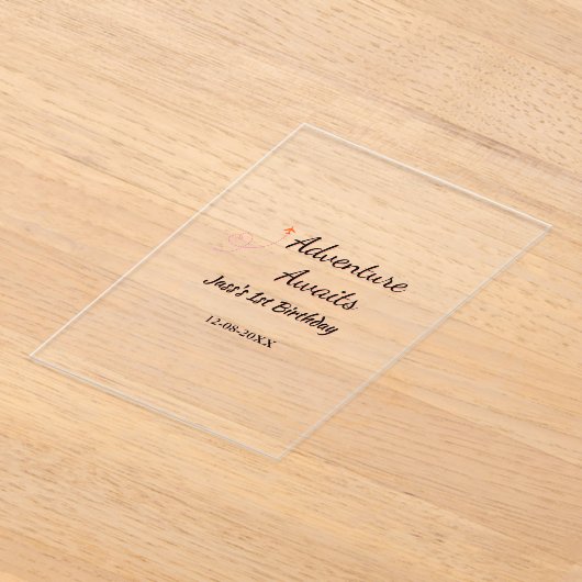 Adventure awaits 1st birthday name date planeretro acryl uitnodigingen (Laagn)