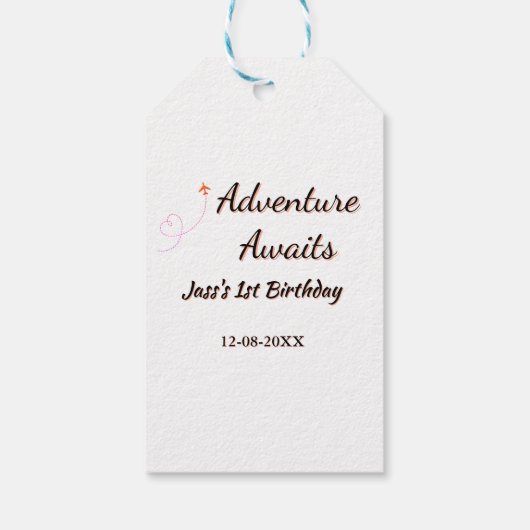 Adventure awaits 1st birthday name date planeretro cadeaulabel (Achterkant)