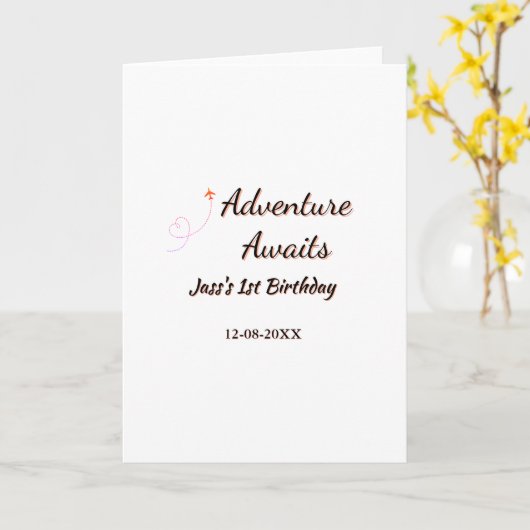 Adventure awaits 1st birthday name date planeretro kaart (Gele Bloem)