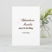 Adventure awaits 1st birthday name date planeretro kaart (Staand voorkant)