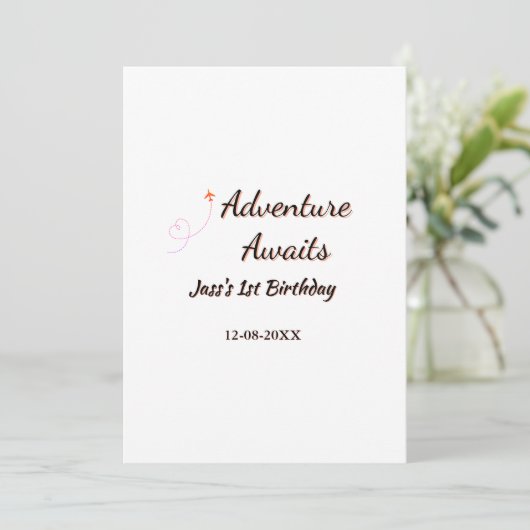 Adventure awaits 1st birthday name date planeretro kaart (Staand voorkant)