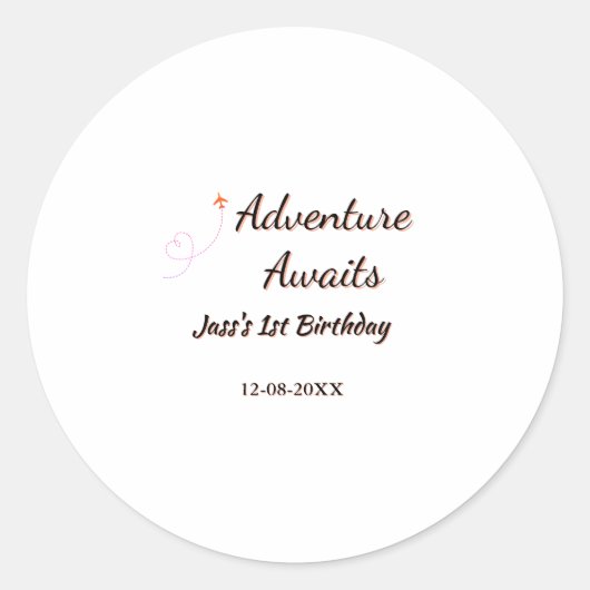 Adventure awaits 1st birthday name date planeretro ronde sticker (Voorkant)