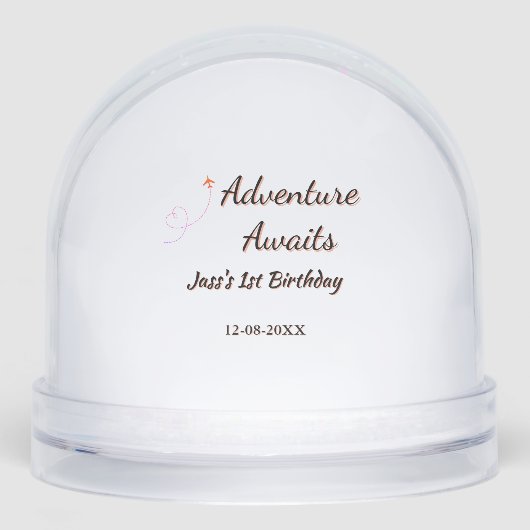 Adventure awaits 1st birthday name date planeretro sneeuwbol (Voorkant)