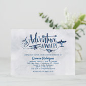 "Adventure Awaits" Aviation Baby shower Invitation Kaart (Staand voorkant)