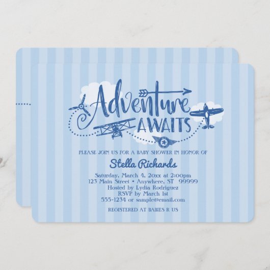 "Adventure Awaits" Aviation Baby shower Invitation Kaart (Voorkant / Achterkant)