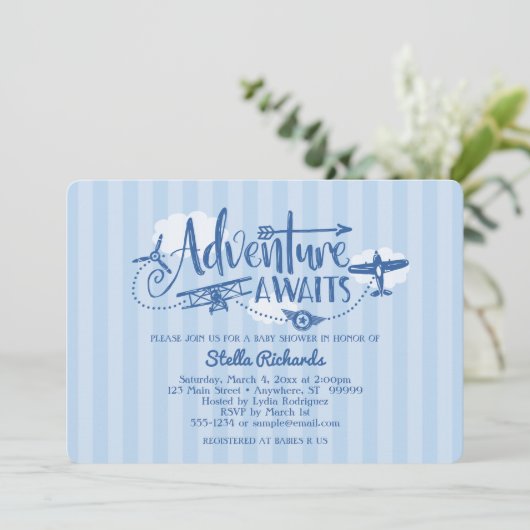 "Adventure Awaits" Aviation Baby shower Invitation Kaart (Staand voorkant)