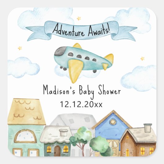 Adventure Awaits Aviator Airplane Baby Shower  Vierkante Sticker (Voorkant)