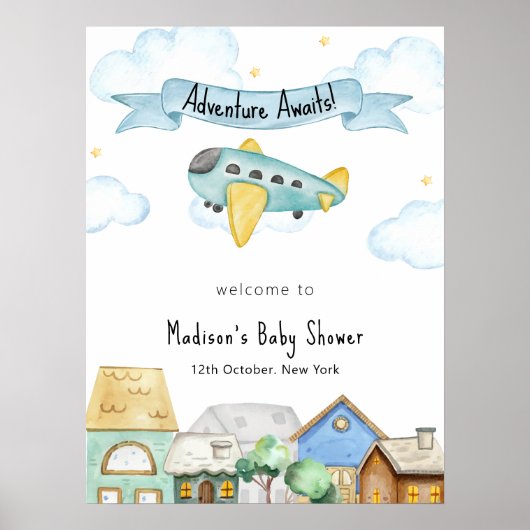 Adventure Awaits Aviator City Baby Shower Welcome  Poster (Voorkant)