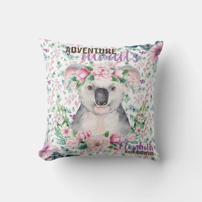 Adventure Awaits Baby KOALA BEER Paarse Floral Kussen (Voorkant)