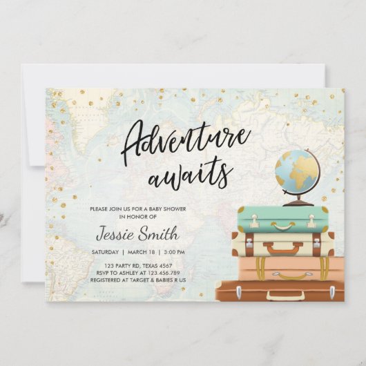 Adventure Awaits Baby shower Invitation Travel Map Kaart (Voorkant)