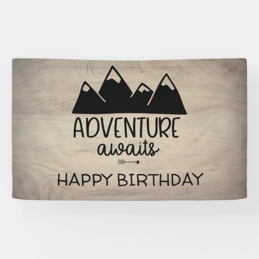 Adventure Awaits Birthday| Rustisch hout Spandoek (Horizontaal)