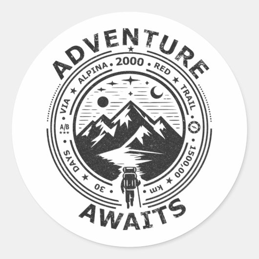 Adventure Awaits - Black in white Ronde Sticker (Voorkant)