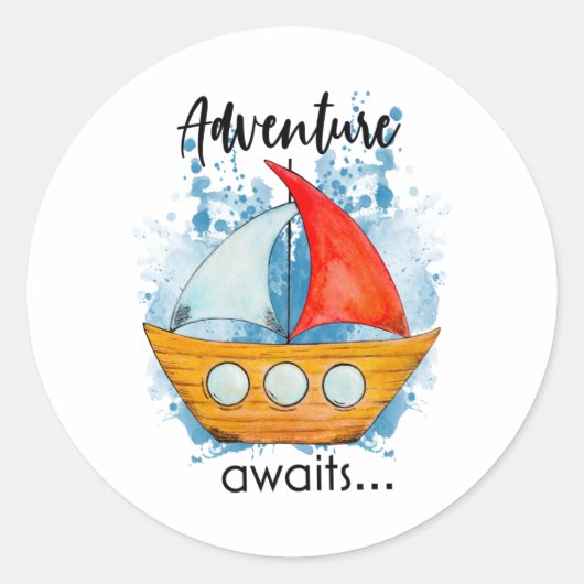 Adventure Awaits Boat Ronde Sticker (Voorkant)