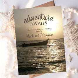 Adventure Awaits, Boat Sunset Zee Retirement Party Kaart
