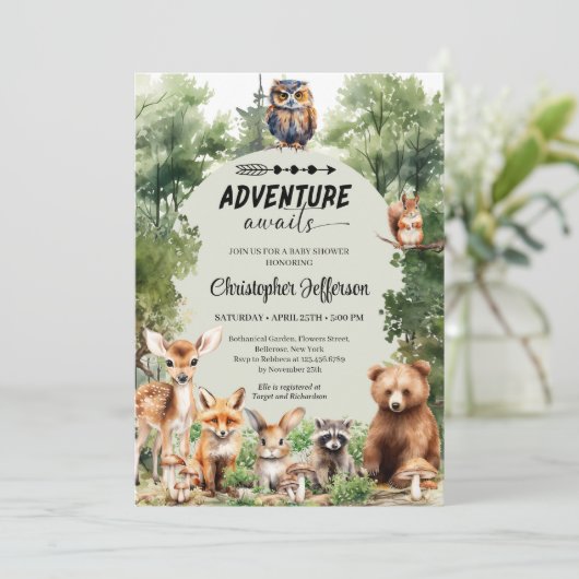 Adventure Awaits bosdier Baby shower Kaart (Staand voorkant)